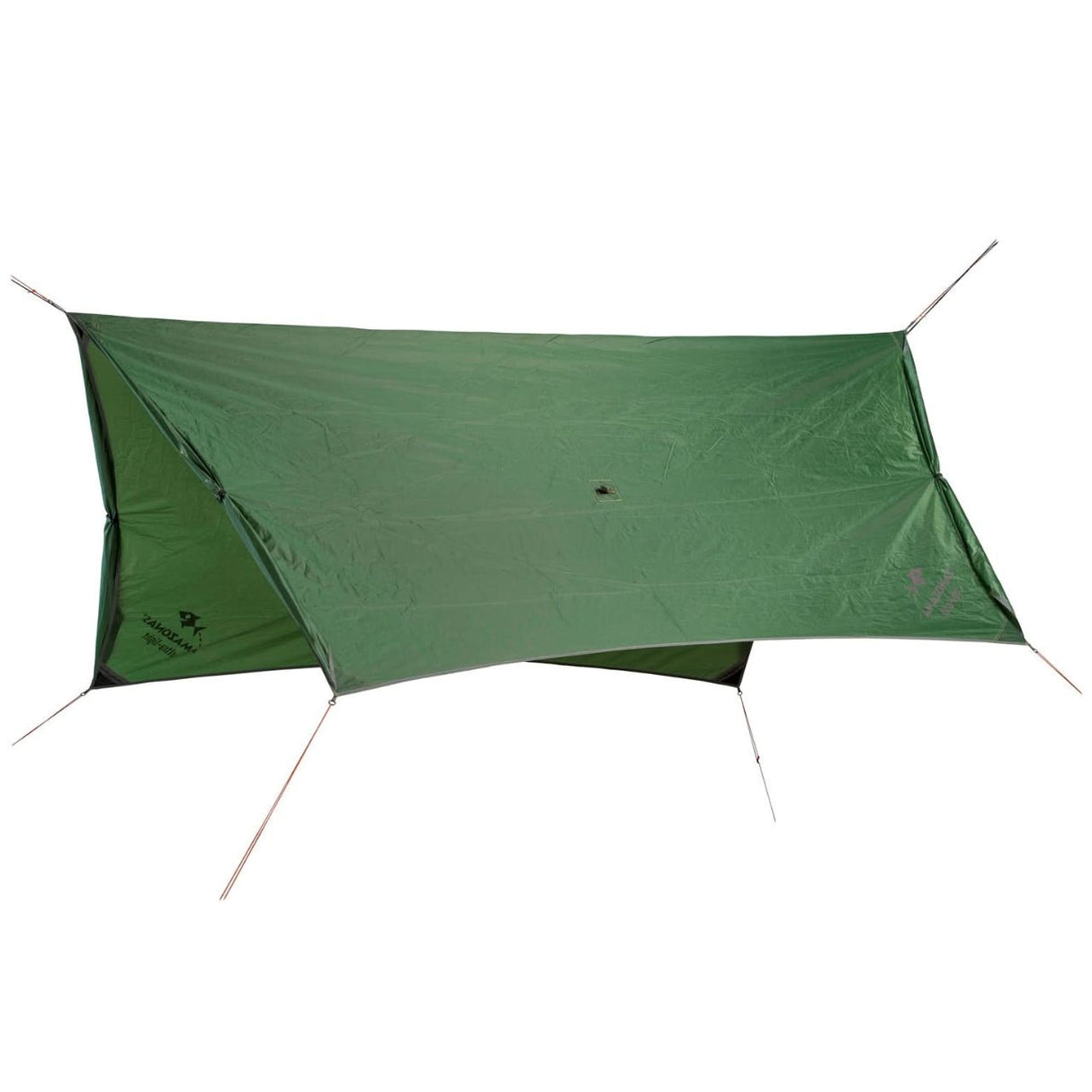 Green camping tarp with ropes on a white background