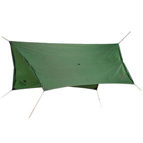 Green camping tarp with ropes on a white background