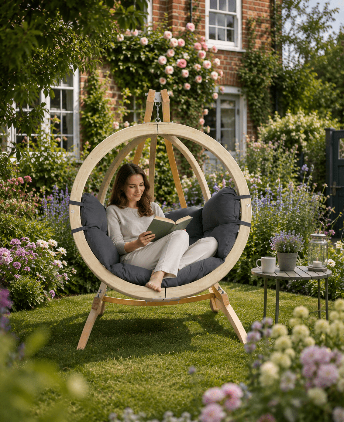 Woman reading a book in a circular wooden chair surrounded by flowers and greenery.