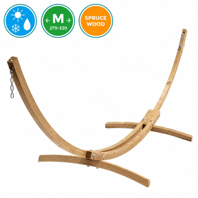 A natural spruce wood outdoor hammock stand on a white background, featuring three circular informational badges at the top left indicating suitability for outdoor use, temperature range 270-320, and spruce wood material.