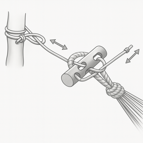 Illustration of a rope being tied around a cylindrical object with a hook, on a white background.
