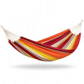 A multi-colored striped fabric hammock suspended by off-white ropes, floating against a solid white background with a soft drop shadow underneath.