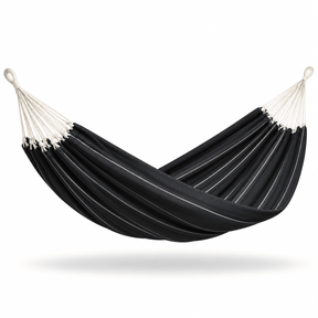 A black fabric hammock with thin white stripes and cream-colored suspension ropes, suspended against a plain white background.