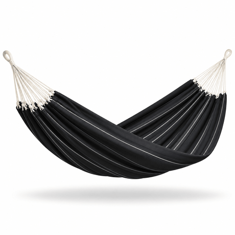 A black fabric hammock with thin white stripes and cream-colored suspension ropes, suspended against a plain white background.