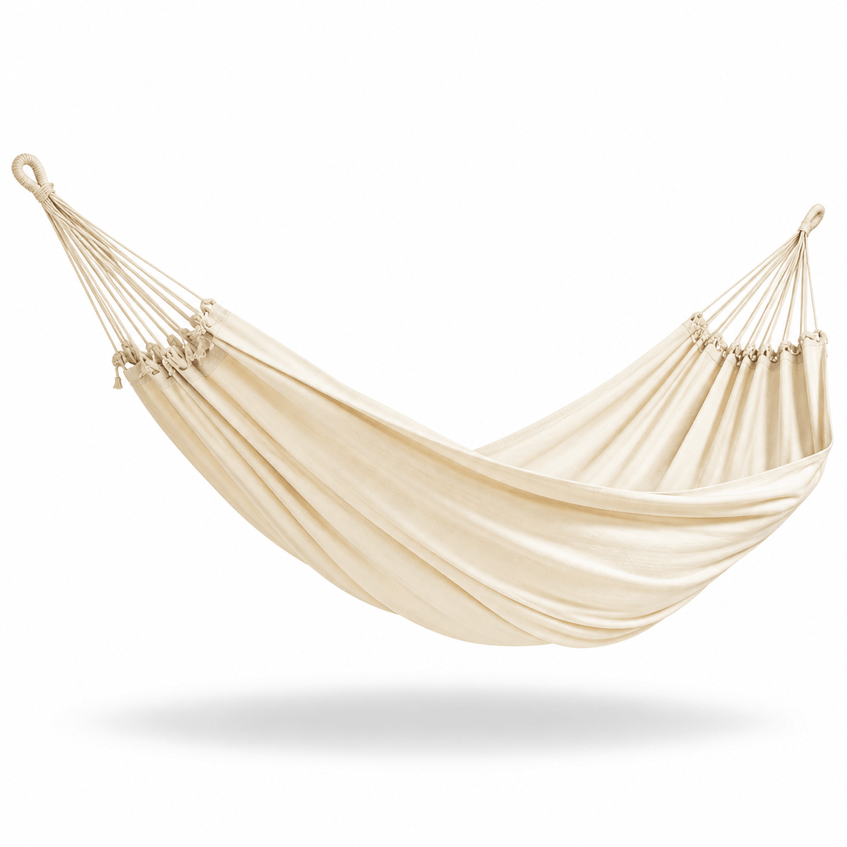 A cream-coloured fabric hammock suspended by ropes on a clean white background with a soft drop shadow underneath.