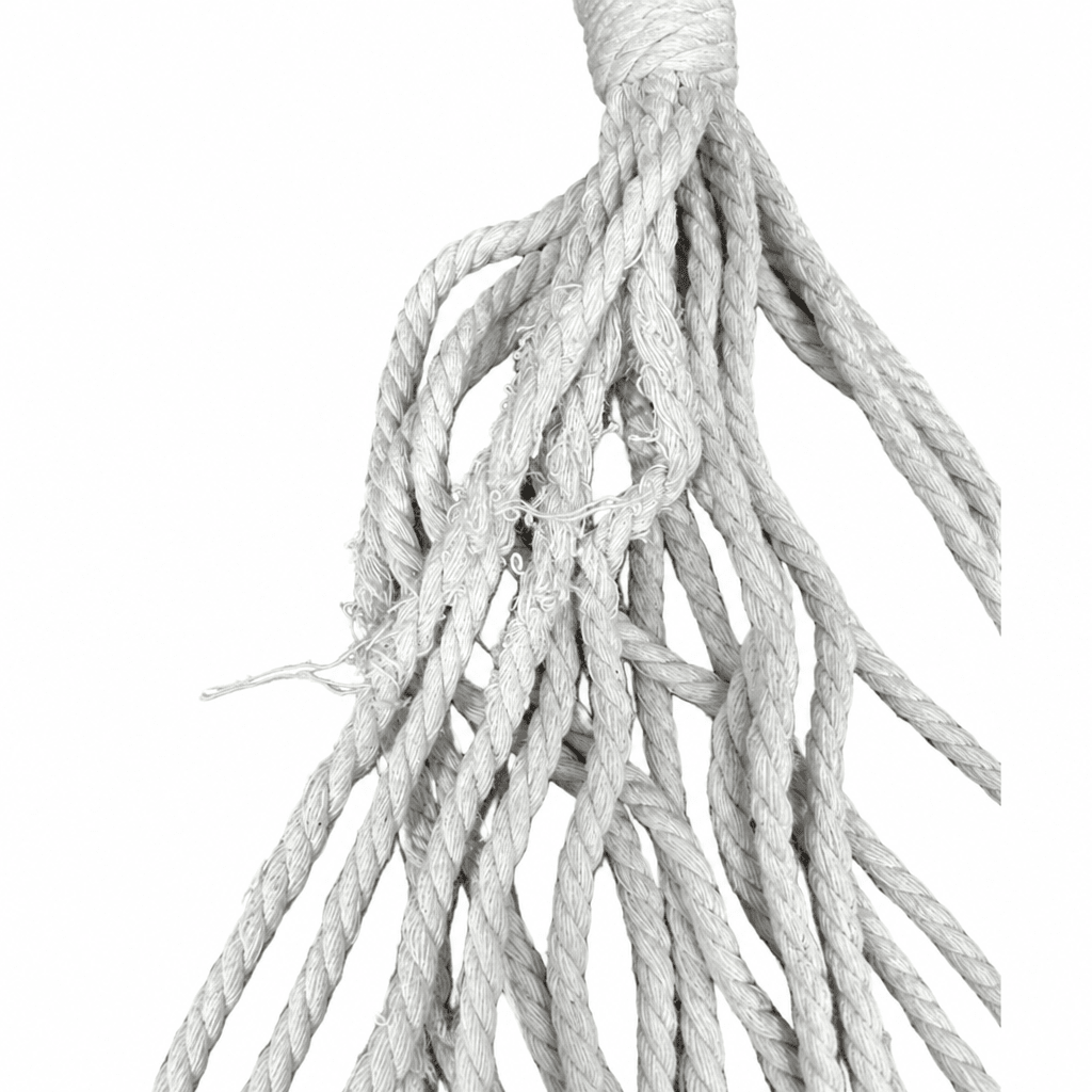 Close-up of frayed suspension ropes and loose fibres on the Grade C clearance Salsa Marine Hammock