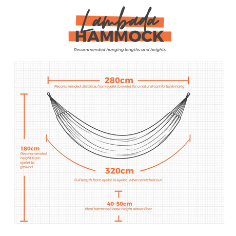 Lambada hammock hanging dimensions on white background