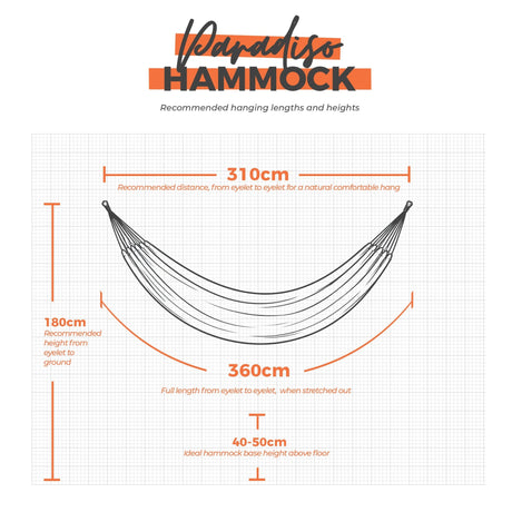 Paradiso hammock hanging dimensions on a white background.