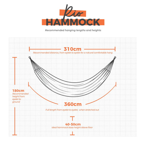 Rio hammock hanging dimensions on a white grid background