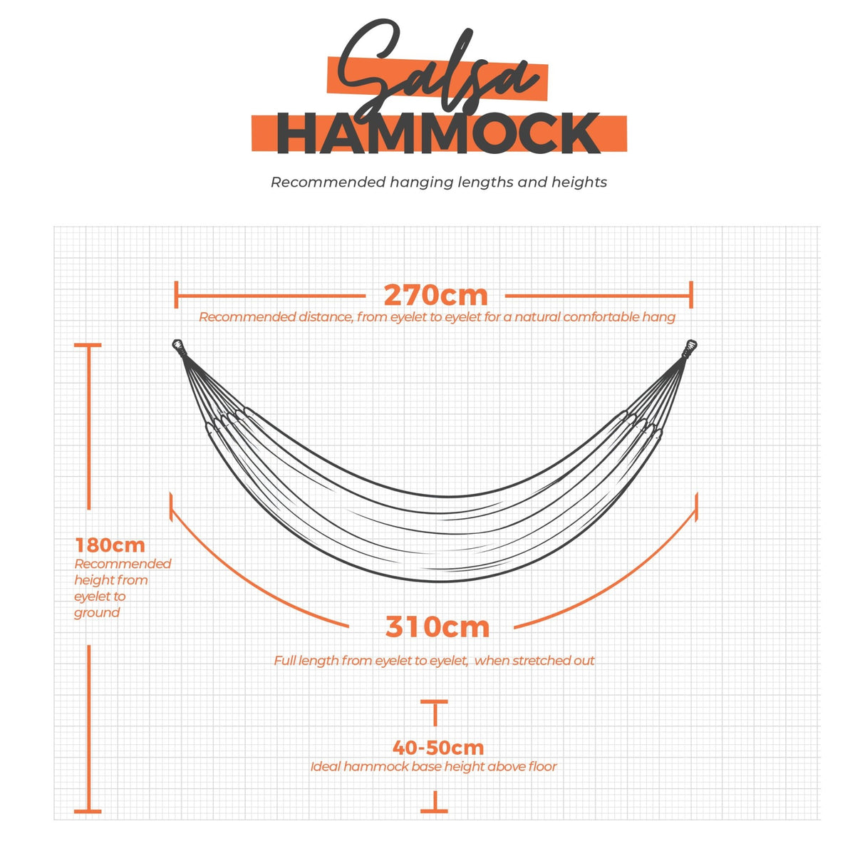Salsa Hammock measurement chart with dimensions on a white background