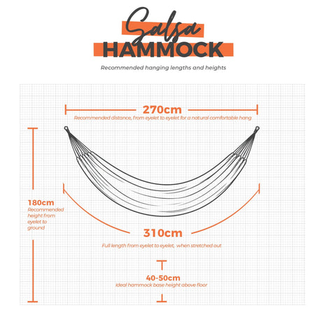 Salsa Hammock measurement chart with dimensions on a white background