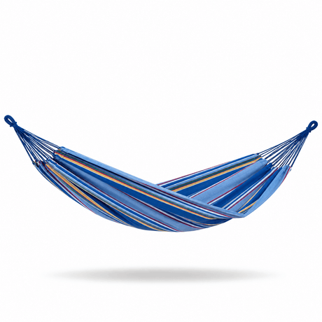 A striped fabric hammock suspended in a curved shape against a plain white background. The hammock features blue, navy, and red stripes with thin gold accents, and is suspended by blue ropes with metal rings.