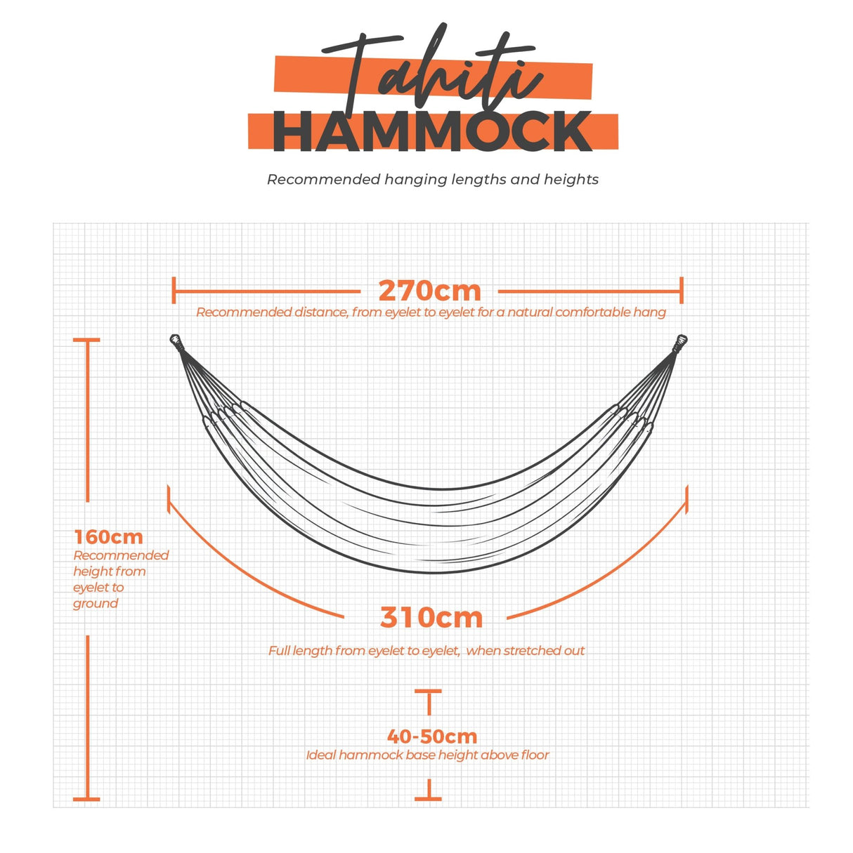 Tahiti Hammock size chart with dimensions on a white background