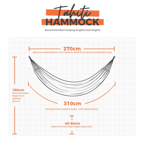 Tahiti Hammock size chart with dimensions on a white background