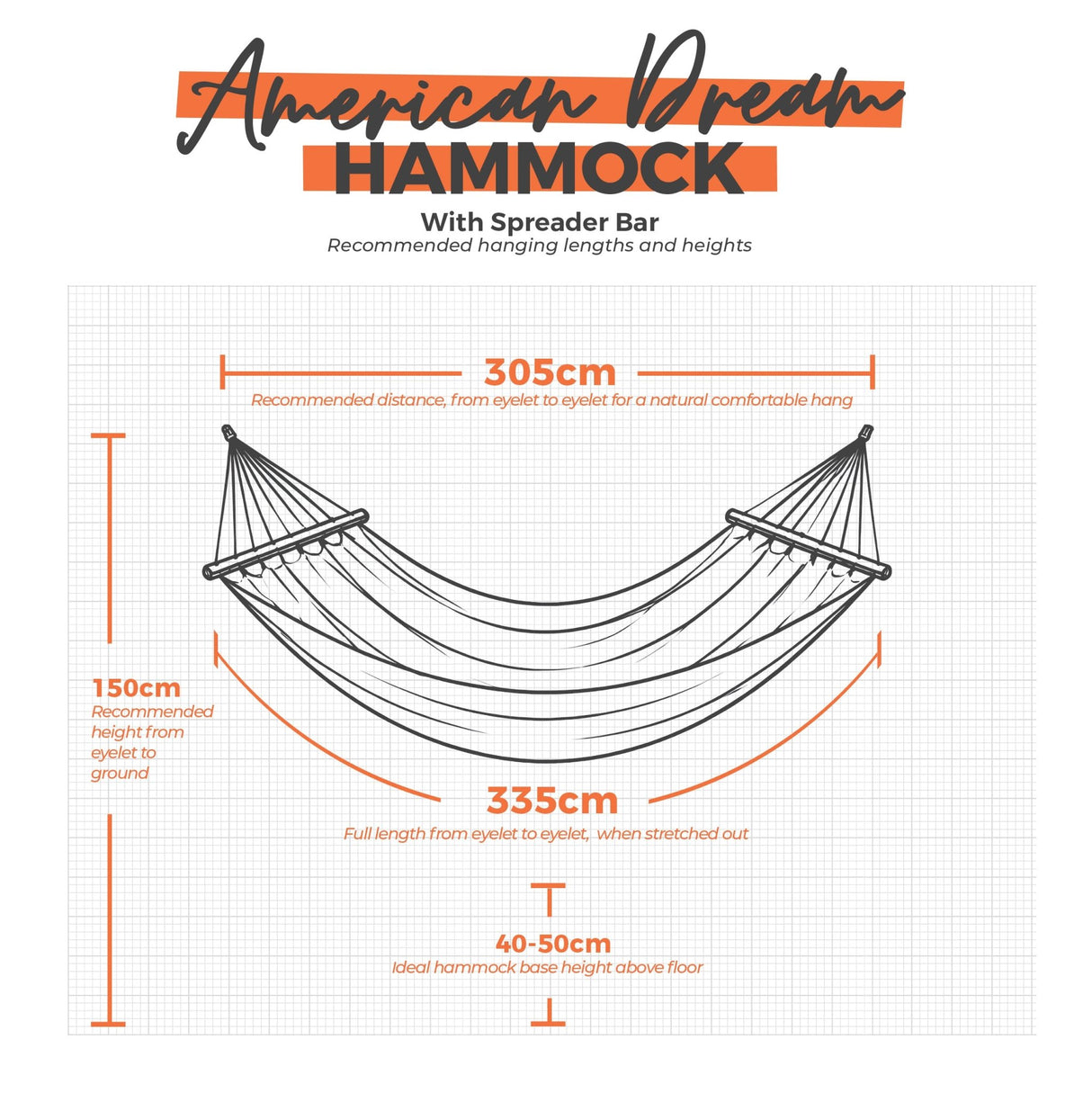 American dream hammock with spreader bar and measurement details on a grid background