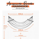 American dream hammock with spreader bar and measurement details on a grid background