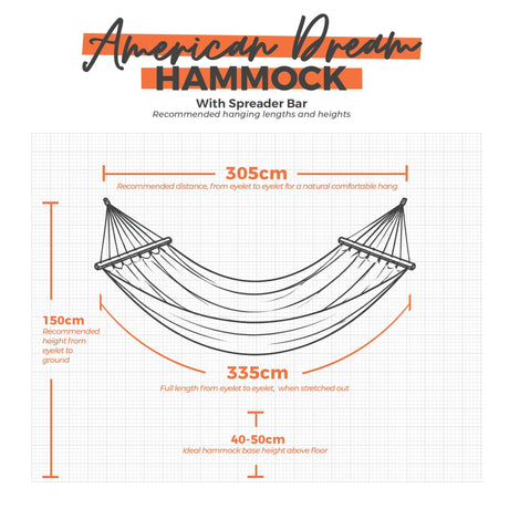 American dream hammock with spreader bar and measurement details on a grid background