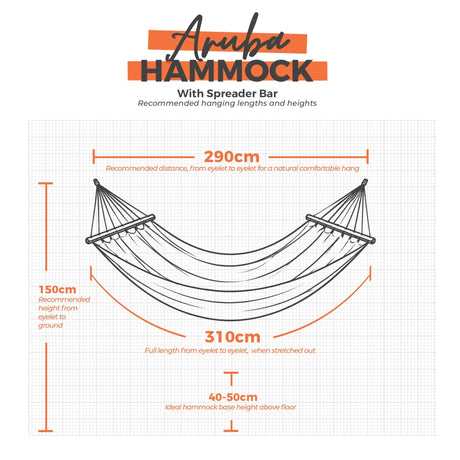 Aruba hammock hanging dimensions on a white grid background.