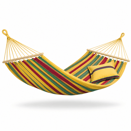 A striped fabric hammock with yellow, red, and green bands, suspended between two wooden spreader bars with yellow ropes. A matching yellow pillow with red and blue stripes rests inside the hammock against a clean white background.