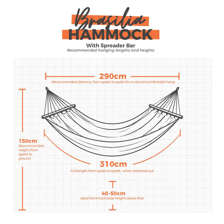 Brasilia Hammock with spreader bar dimensions on a grid background