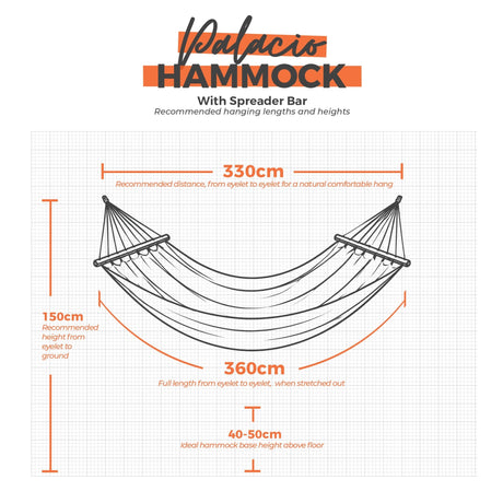 Palacio hammock hanging dimensions on a white grid background