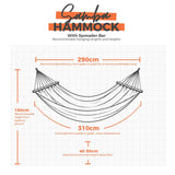 Samba Hammock with spreader bar and dimensions on a grid background