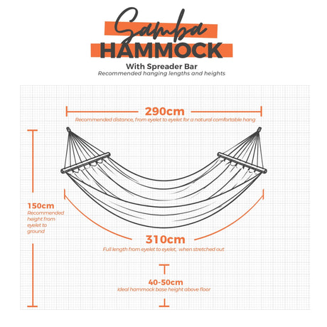 Samba Hammock with spreader bar and dimensions on a grid background