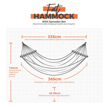 The fat hammock hanging dimensions on a white grid background