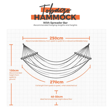 Tobago hammock hanging dimensions on a white grid background