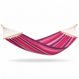 A striped fabric hammock suspended between two natural wood spreader bars, shown floating against a plain white background with a soft shadow underneath.