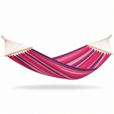 A striped fabric hammock suspended between two natural wood spreader bars, shown floating against a plain white background with a soft shadow underneath.