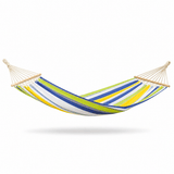 A striped fabric hammock with natural wood spreader bars and suspension ropes, shown floating against a plain white background.