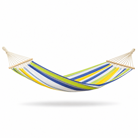 A striped fabric hammock with natural wood spreader bars and suspension ropes, shown floating against a plain white background.