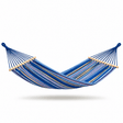 A striped blue hammock with wooden spreader bars, suspended against a plain white background.