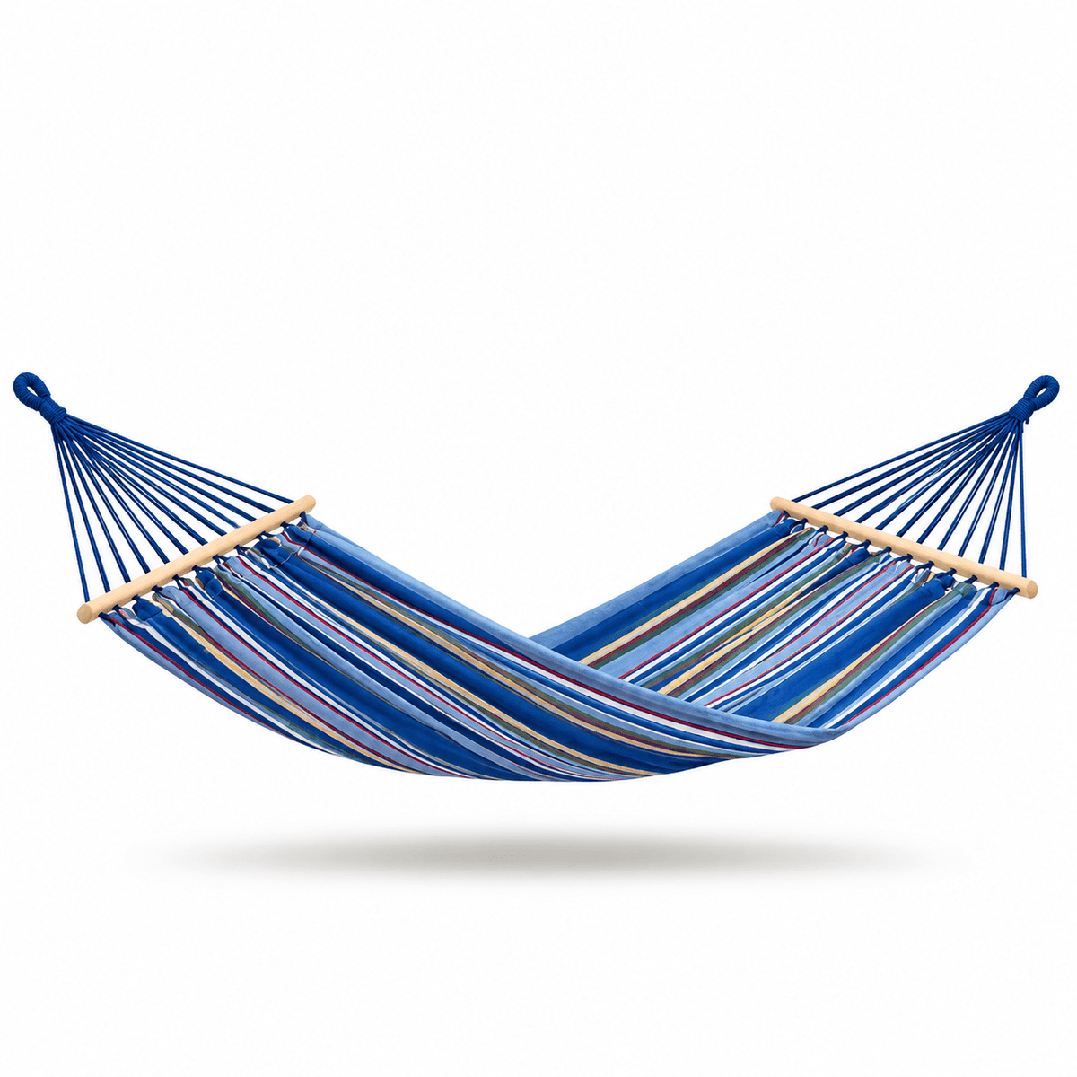 A striped blue hammock with wooden spreader bars, suspended against a plain white background.