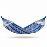 A striped blue hammock with wooden spreader bars, suspended against a plain white background.