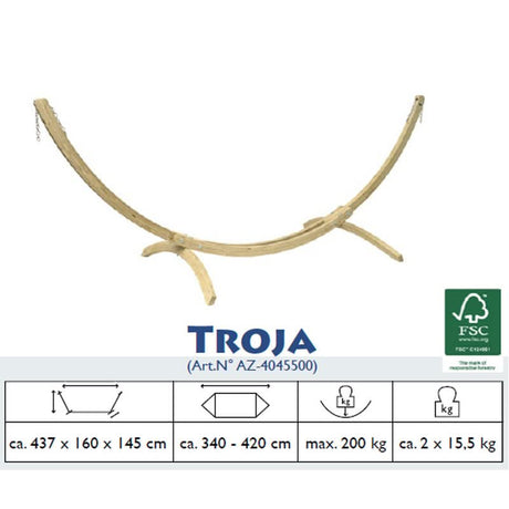 Wooden hammock with Troja branding and FSC certification on a white background