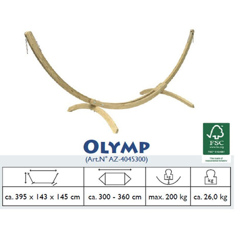 Wooden arch with Olymp branding and product specifications on a white background