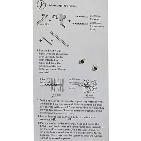 Instructions for mounting a product on a wall with diagrams and text.