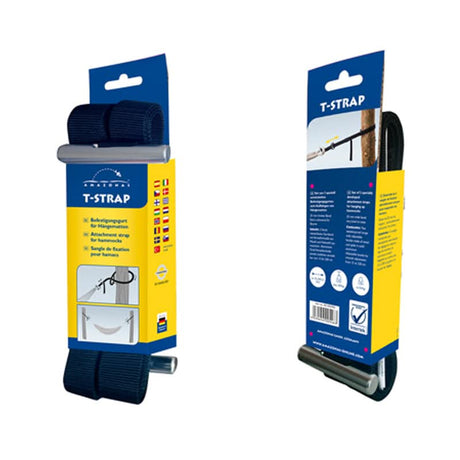 T-Strap packaging with blue and yellow design on a white background
