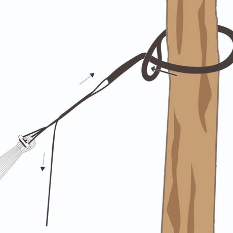Illustration of a hose being attached to a wooden post with a garden head.