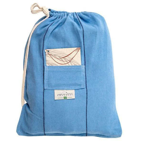 Blue drawstring bag with a pocket and visible brand label on a white background