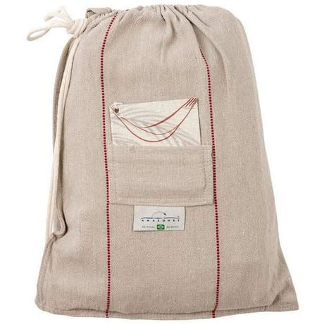 Beige drawstring bag with red stitching on a white background