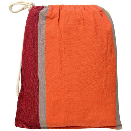 Drawstring bag with an orange and red striped pattern on a white background
