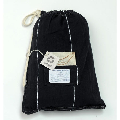 Black drawstring bag with labels on a white background