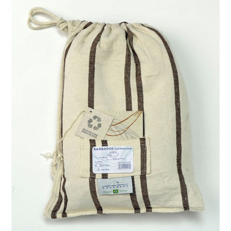 Drawstring bag with striped pattern and labels on a white background