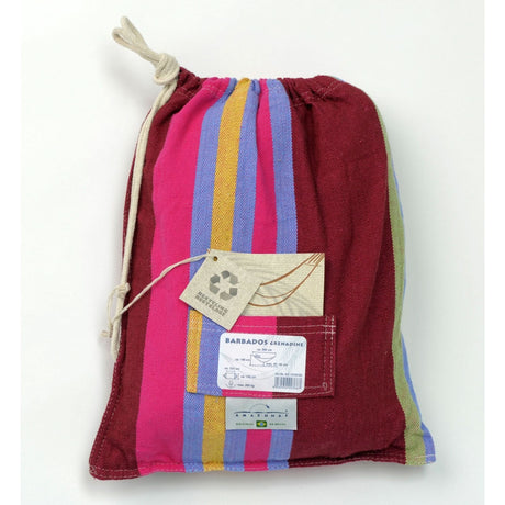 Multicoloured striped drawstring bag with labels on a white background