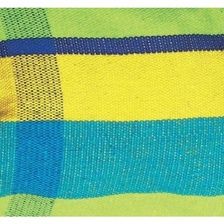 Close-up of a colourful striped fabric with green, yellow, and blue patterns.