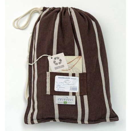 Brown drawstring bag with labels on a white background