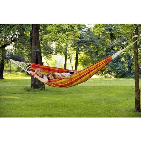 Two children are lying in a red and orange striped hammock between two trees in a park.